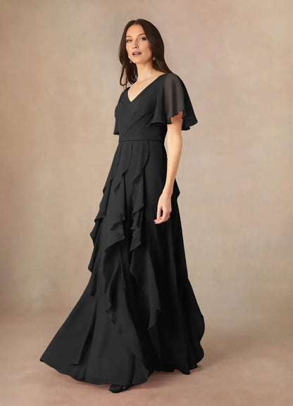 formal Black Mother of the Bride Dress with Sheer Flutter Sleeves V - Neckline and Tiered Ruffle Skirt Detailing
