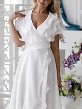 Beach Wedding A-Line Mother of the Bride Dress Wedding Guest Elegant High Low V Neck Asymmetrical Chiffon Short Sleeve with Ruffles Split Front