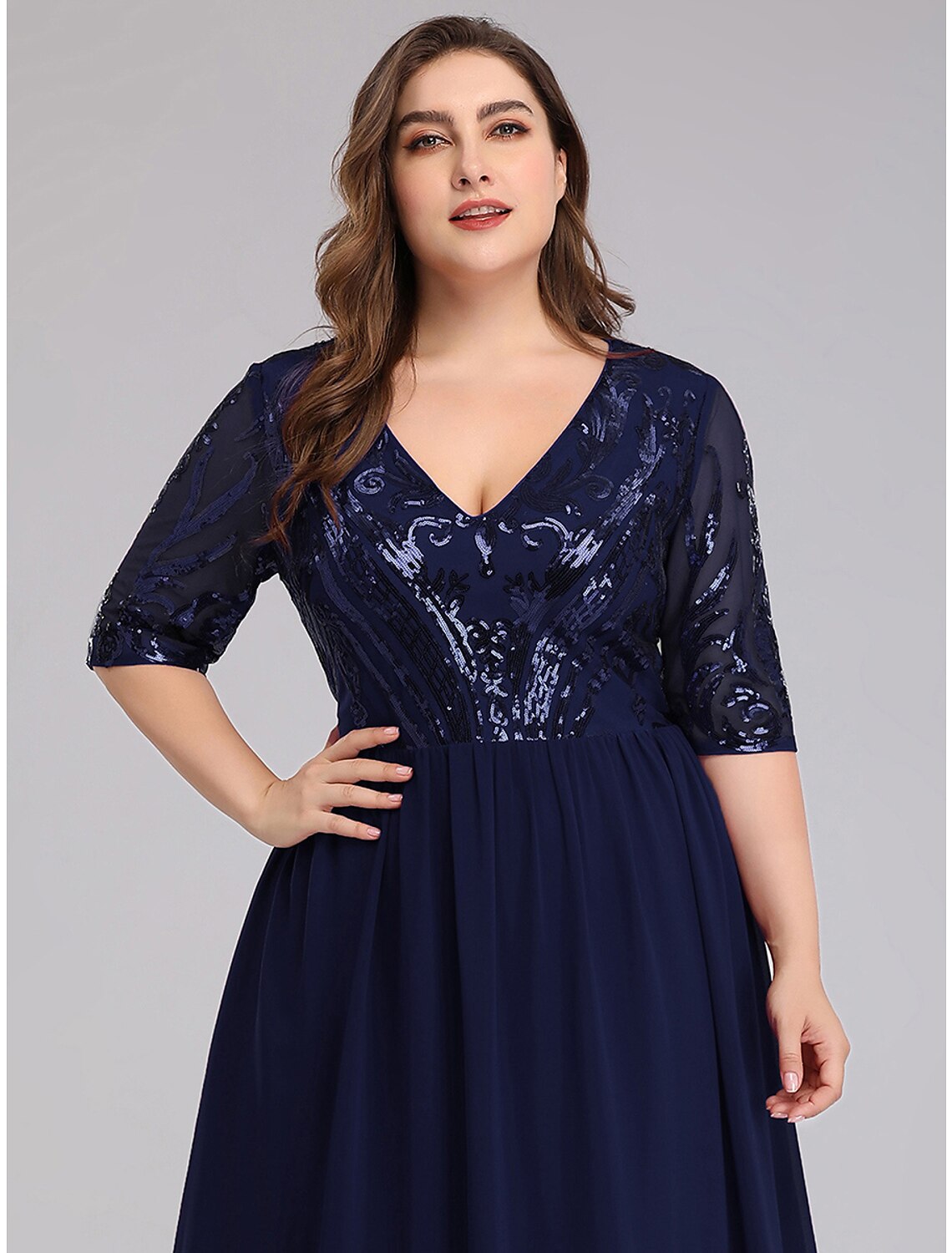 A-Line Prom Dresses Plus Size Dress Wedding Guest Floor Length Half Sleeve Plunging Neck Chiffon with