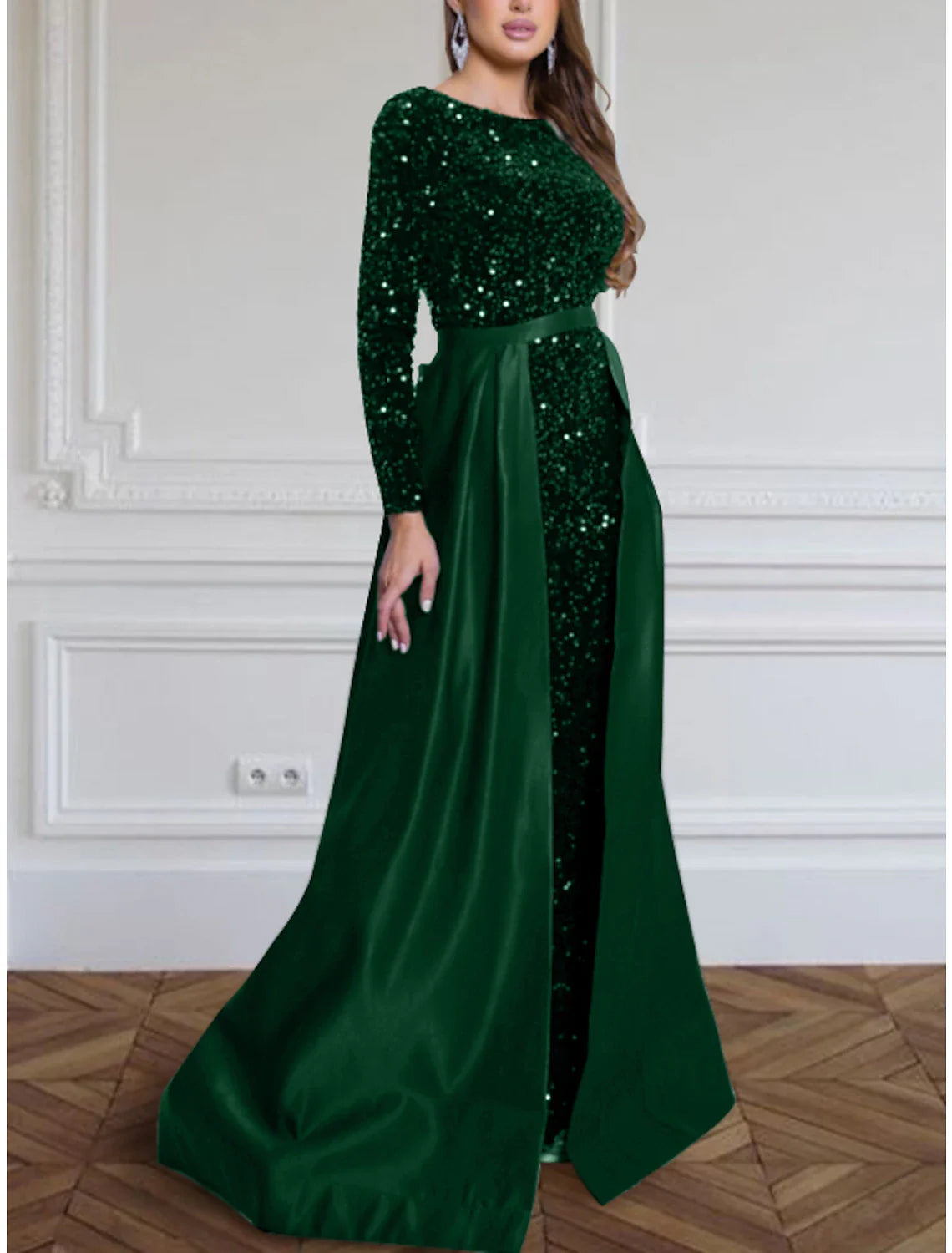 A-Line Evening Gown Sparkle & Shine Black Dress Plus Size Formal Fall Sweep / Brush Train Long Sleeve Jewel Neck Sequined with Glitter Pleats