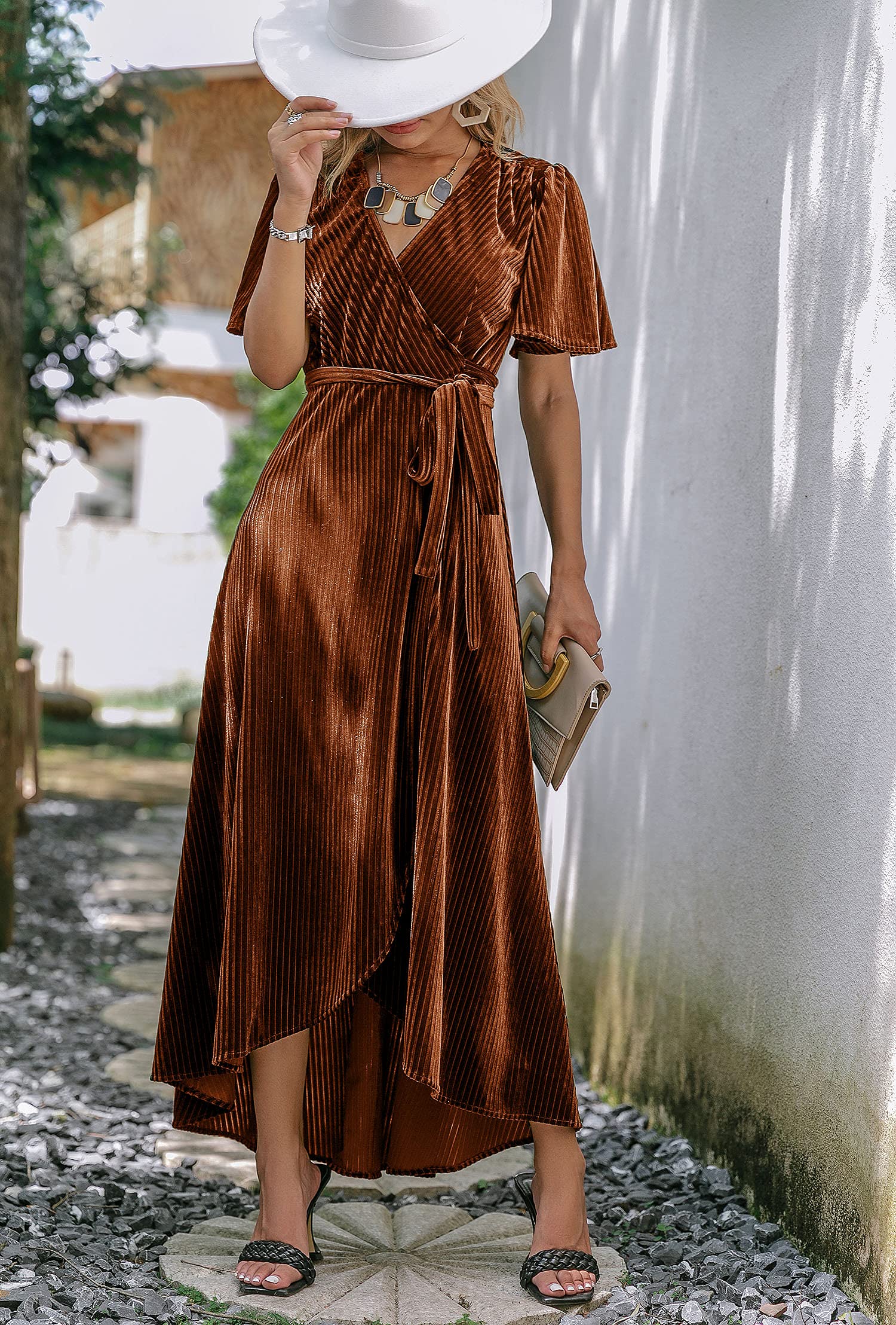 DingJiDress Wedding Guest Dress Women's Velvet V Neck Short Sleeve Wrap Maxi Dress Formal Wear Dresses Evening Dress
