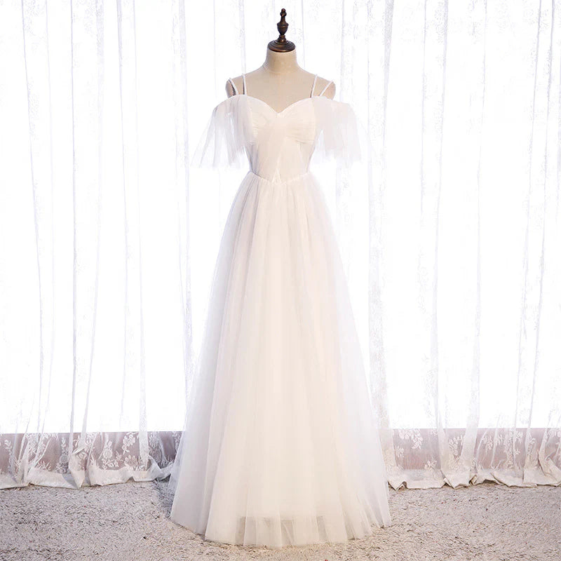 DingJiDress Formal Women's Dresses  A Line Sleeveless Tulle Shoulder Strap Bead String Long Simple Wedding Dress