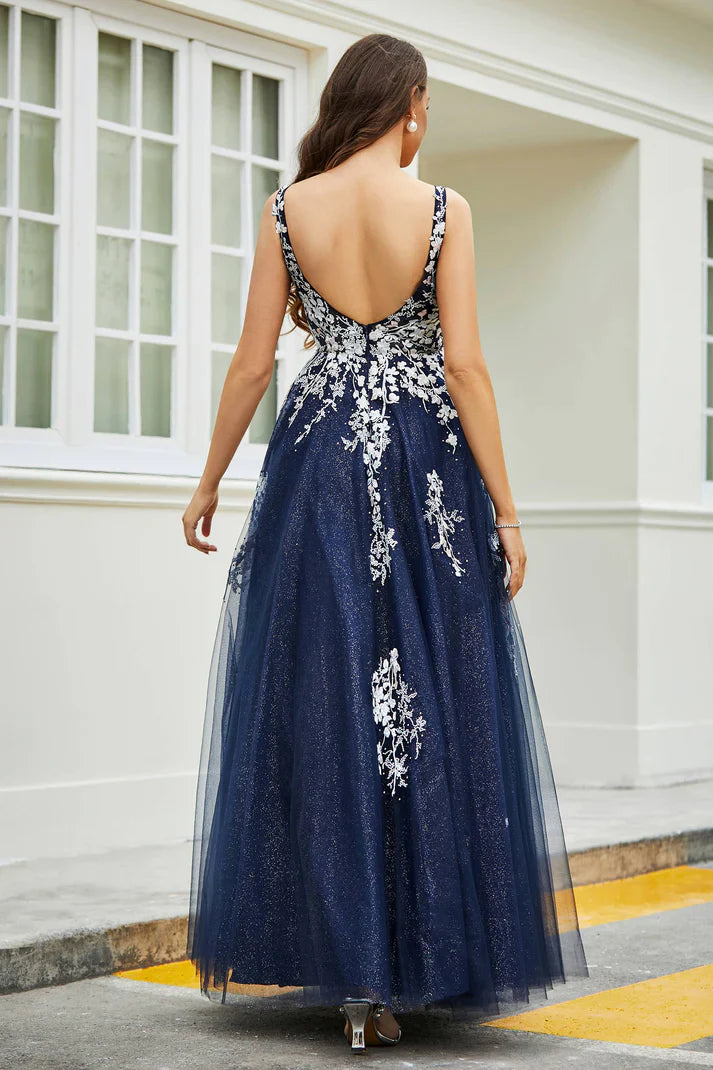 DingJiDress Formal Women's Dresses A-Line V-neck Sleeveless Lace Applique Beaded Ruched Tulle Floor-Length Backless Prom Dresses