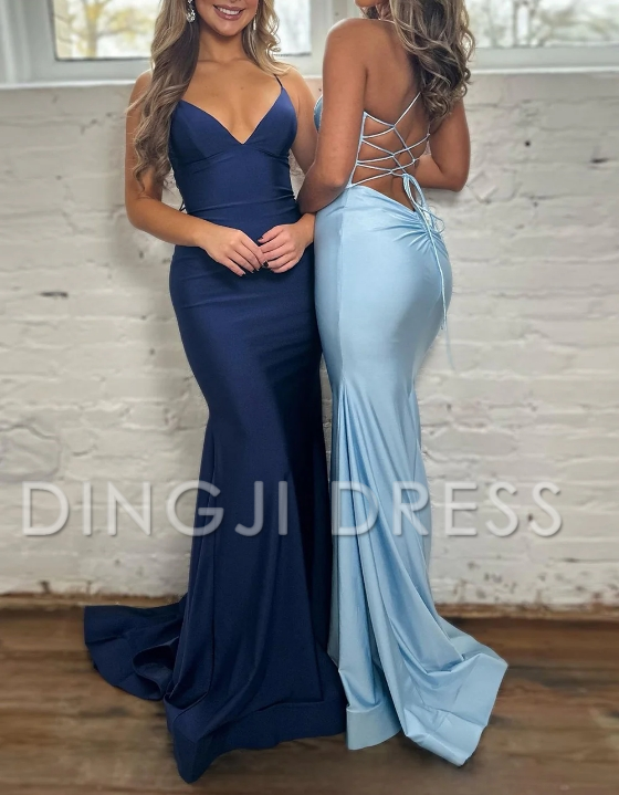 DingJiDress Pretty Mermaid Spaghetti Straps Lace Up Back Long Satin Elegant Prom Dress
