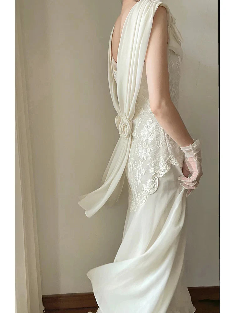 DingJiDress Formal Women's Dresses A Line Lace Applique Chiffon Dress Wedding Dress Without gloves