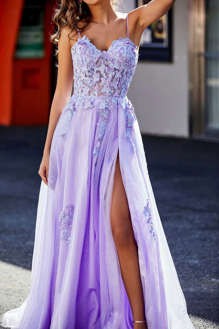 DingJiDress Formal Women's Dresses Sweetheart A-Line Spaghetti Straps Tulle Lace Applique Floor-Length Prom Dresses