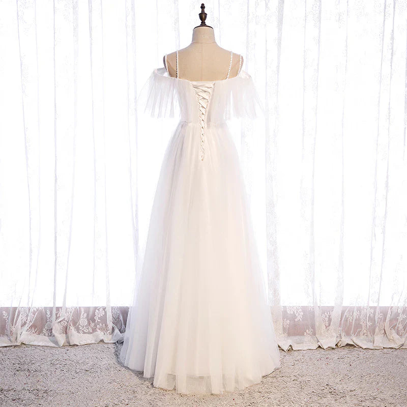 DingJiDress Formal Women's Dresses  A Line Sleeveless Tulle Shoulder Strap Bead String Long Simple Wedding Dress