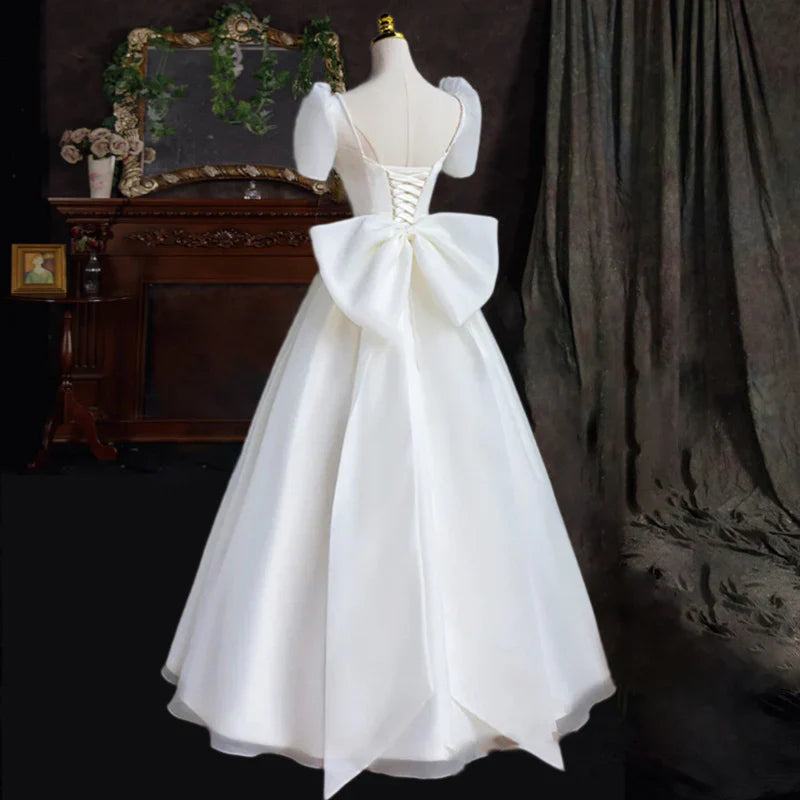 DingJiDress Formal Women's Dresses Heart-shaped collar Short Sleeves Back bow Long Fantastic Wedding Dress