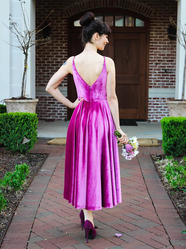 Spaghetti Straps A-line V-neck Midi Velvet Dresses