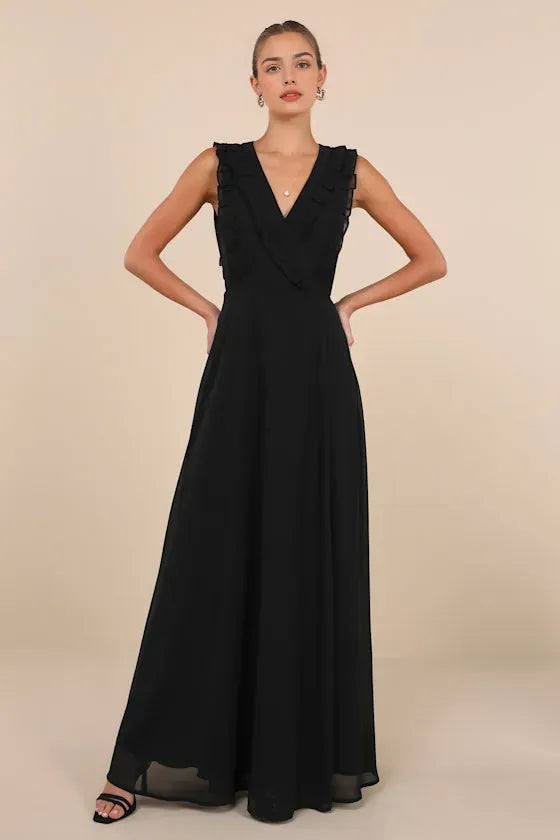 glamorous Black Chiffon Long Evening Dress with Ruffled V - Neck and Flowy Skirt Dreamy Look for Elegant Galas