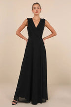 glamorous Black Chiffon Long Evening Dress with Ruffled V - Neck and Flowy Skirt Dreamy Look for Elegant Galas