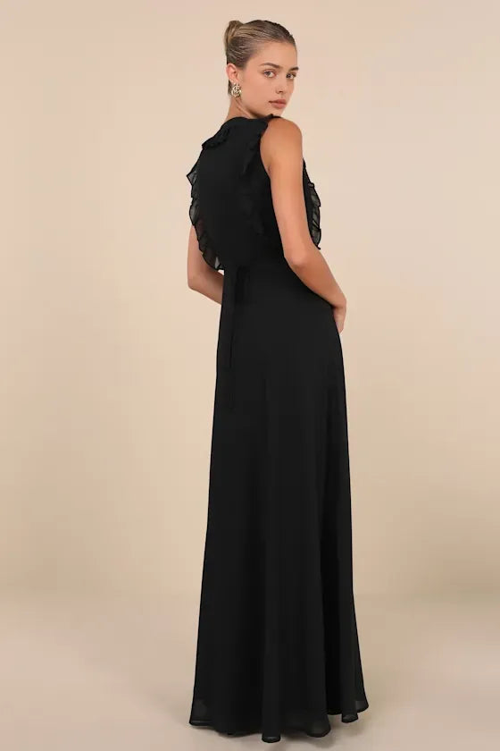 glamorous Black Chiffon Long Evening Dress with Ruffled V - Neck and Flowy Skirt Dreamy Look for Elegant Galas