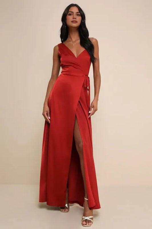 glamorous Red Satin Sleeveless Evening Dresses with Plunging V - Neck Wrap Waist High Side Slit Hot Sale Long