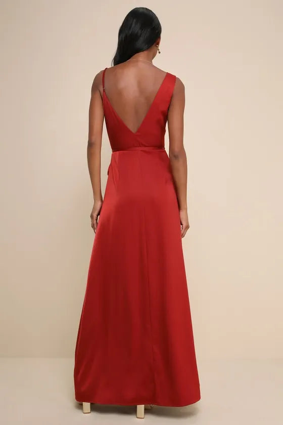 glamorous Red Satin Sleeveless Evening Dresses with Plunging V - Neck Wrap Waist High Side Slit Hot Sale Long