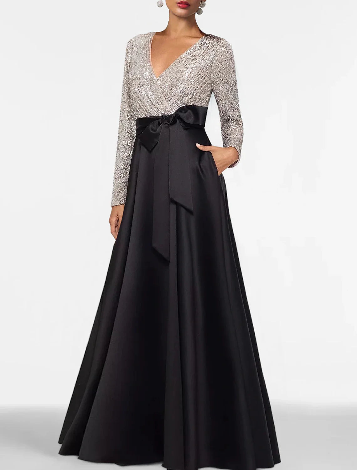 A-Line Evening Gown Black Dress Plus Size Color Block Dress Formal Floor Length Long Sleeve V Neck Fall Wedding Guest Satin with Sequin Pocket