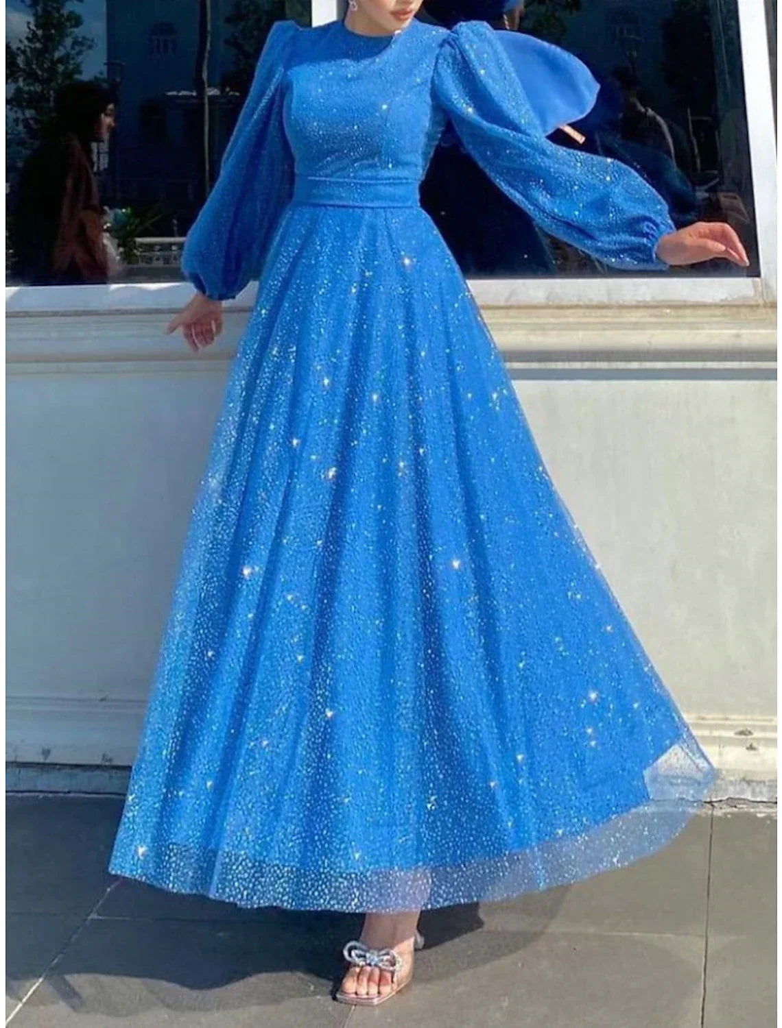 A-Line Evening Gown Elegant Dress Formal Ankle Length Long Sleeve Jewel Neck Sequined with Glitter Pleats