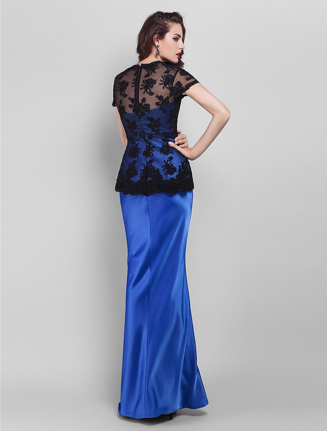 Holiday Cocktail Party Prom Dress V Neck Short Sleeve Floor Length Lace with Lace Appliques