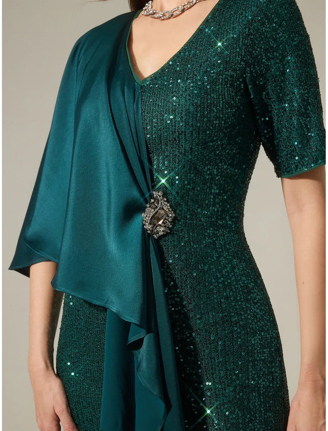 DingJiDress November December Autumn Winter Wedding Guest Dress Satin Sequin Sparkly Mismatched Short Sleeve Sparkly Maxi Dress to impress Christmas Dress Mother of the Groom / Bride Dresses