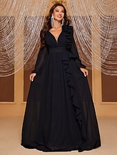 A-Line Evening Gown Elegant Dress Formal Wedding Floor Length Long Sleeve V Neck Chiffon with Ruffles Shouder Flower