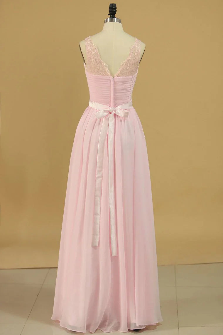 DingJiDress Chiffon Sash Bridesmaid Dresses A Line V Neck With Ruffles