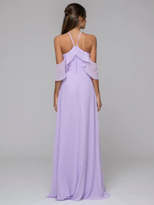DingJiDress Halter Ruffles Off The Shoulder Chiffon Floor Length Bridesmaid Dresses