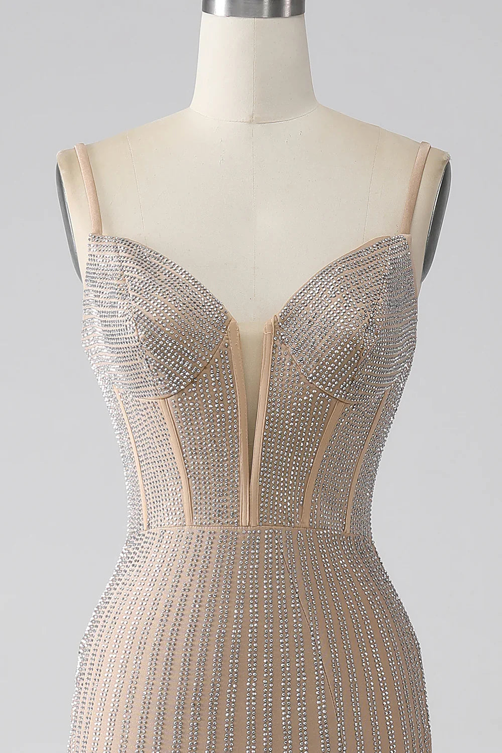 DingJiDress Sparkly Champagne Mermaid Spaghetti Straps Long Prom Dress with Slit