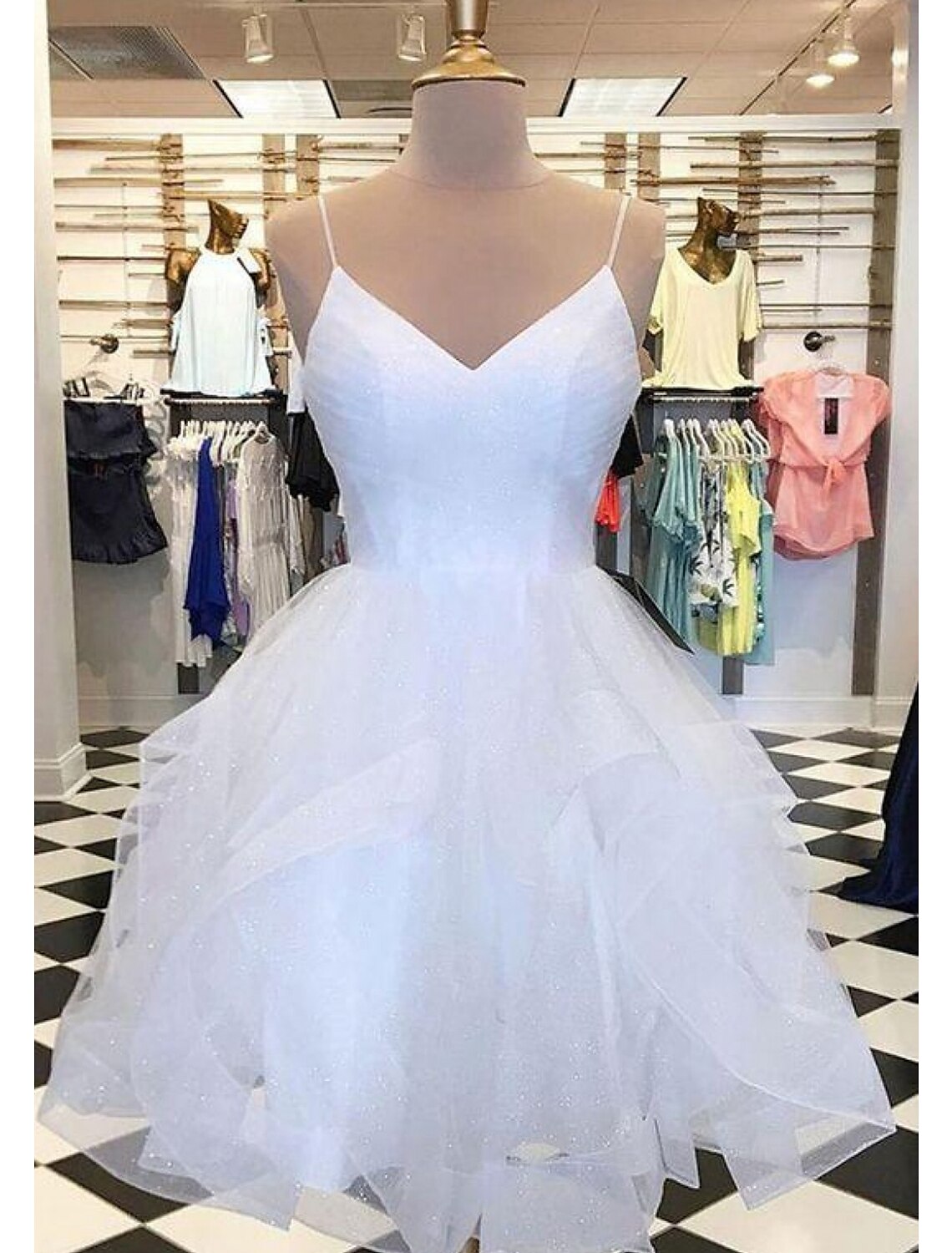 Ball Gown Homecoming Dresses Glittering Mini Dresses Puff Tiered Dresses Sleeveles Spaghetti Strap Tulle