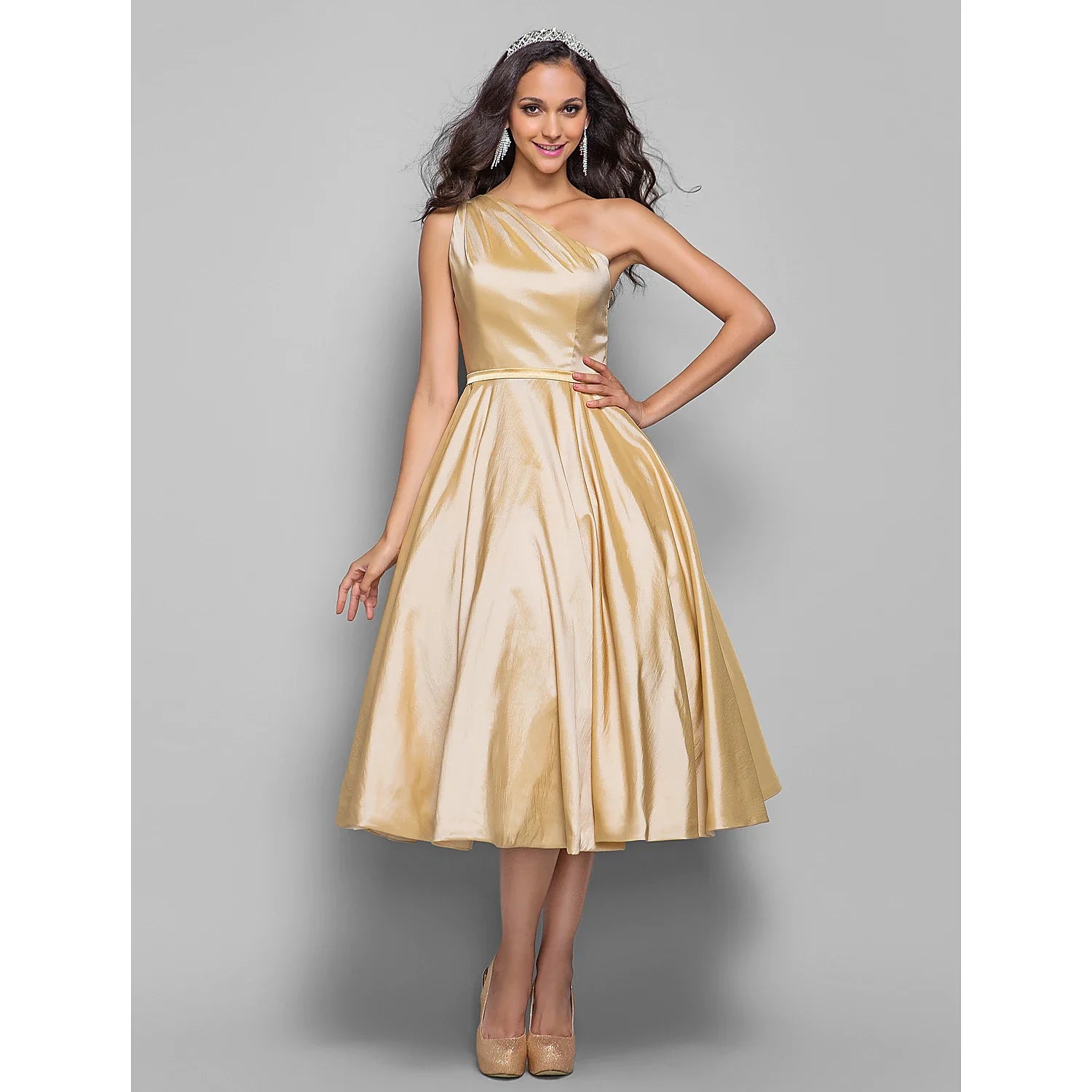 Elegant Cocktail Party Wedding Party Dress One Shoulder Sleeveless Taffeta Sash Ribbon