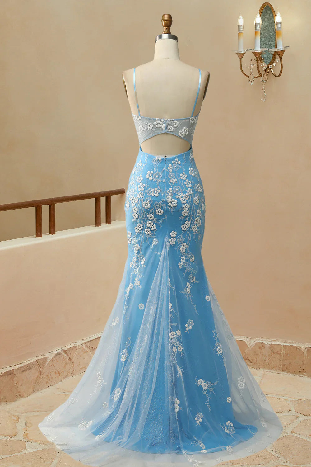 DingJiDress Romantic Spaghetti Straps Mermaid Slit Prom Dress With Appliques