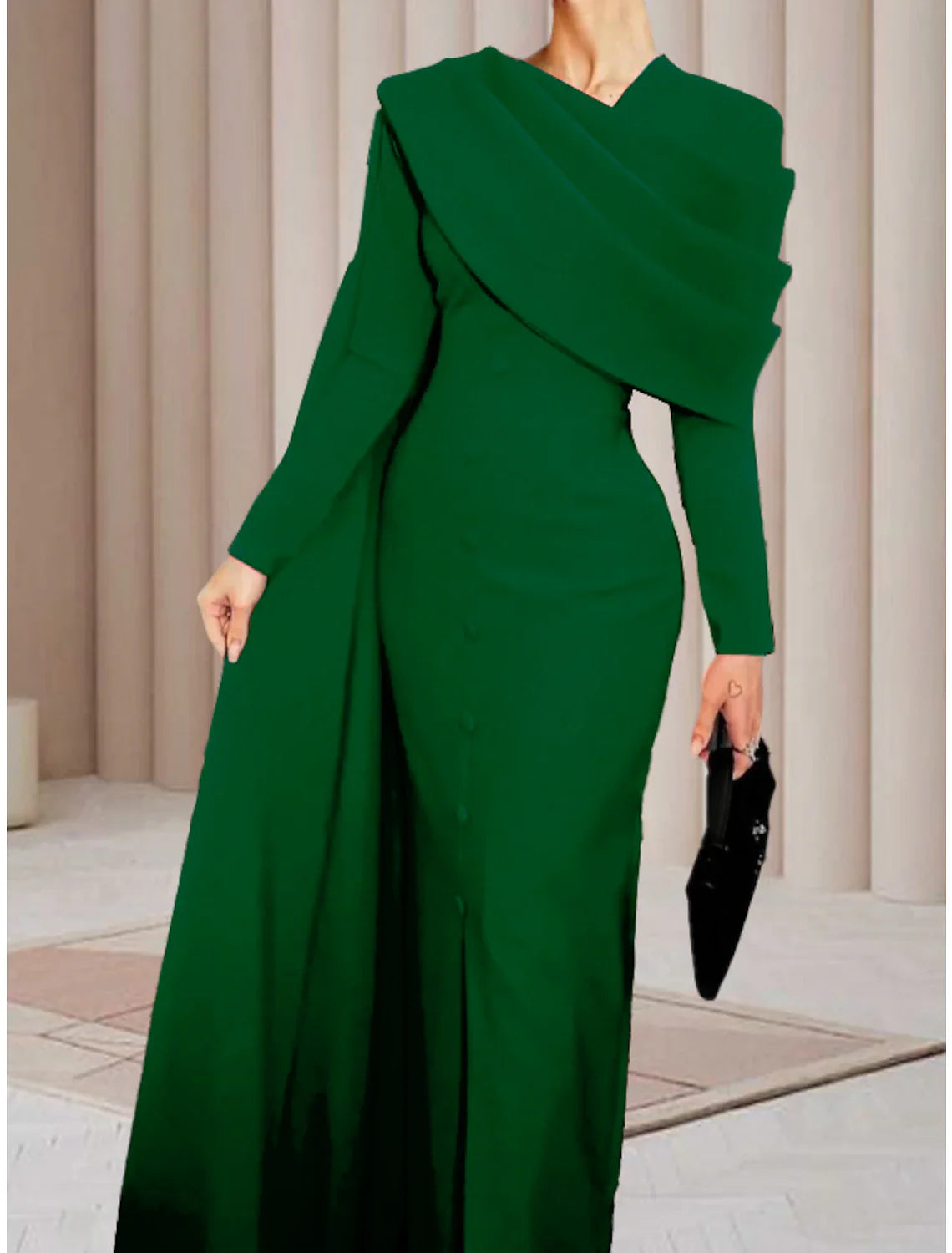 Sheath / Column Red Black Christmas Red Green Dress Evening Gown Elegant Cape Dress Formal Fall Sweep / Brush Train Long Sleeve Cowl Neck Stretch Fabric with Buttons