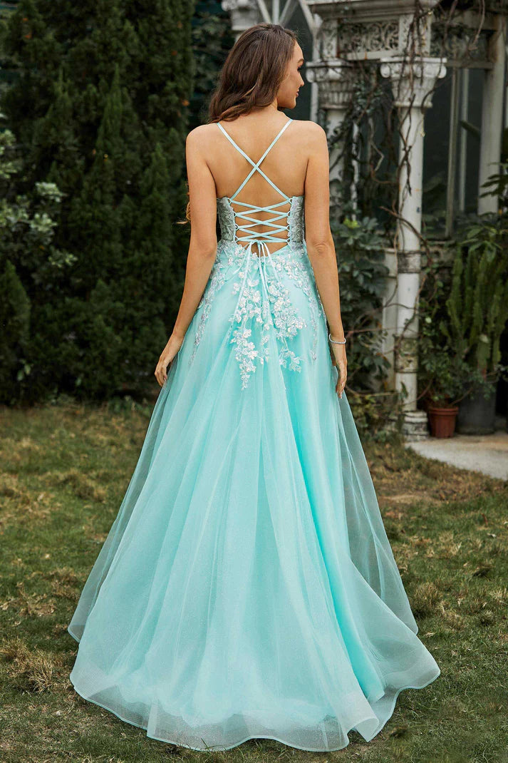 DingJiDress Formal Women's Dresses A-Line Sweetheart Spaghetti Straps Tulle Crossed Straps Sweep Train Applique Ruched Beaded Prom Dresses