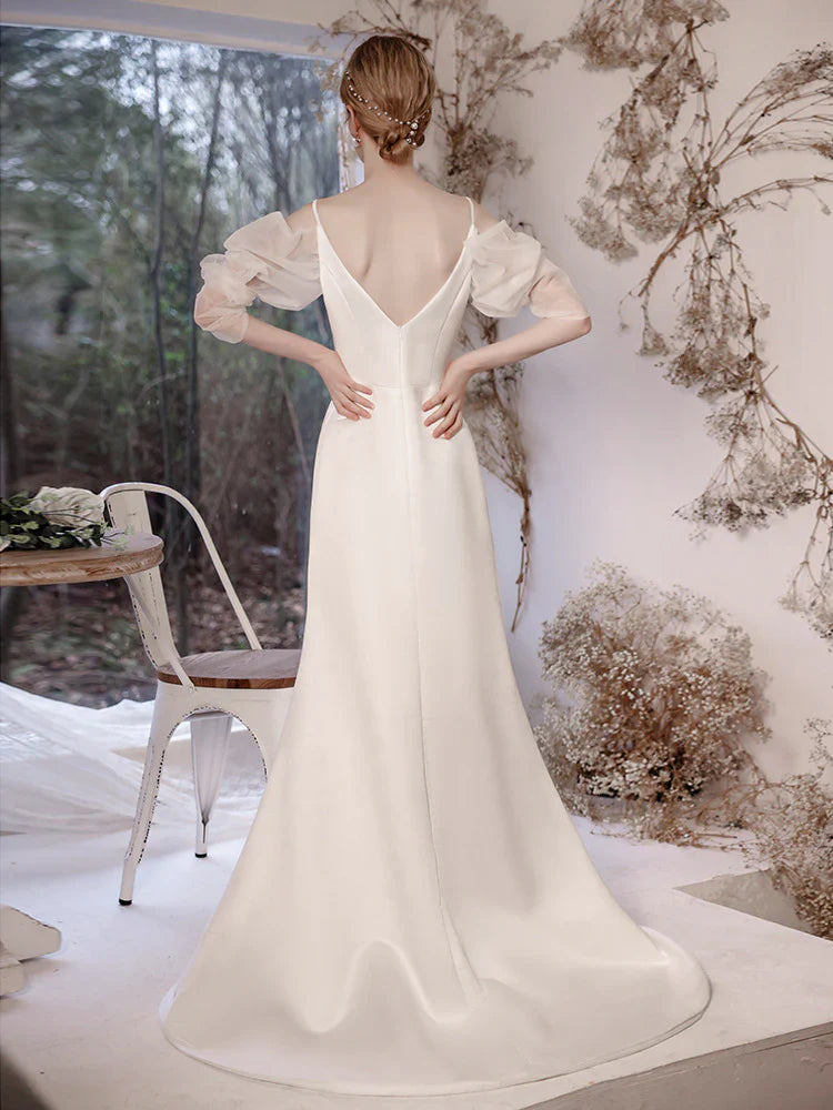 DingJiDress Formal Women's Dresses Simple Long Sleeves V Back Sweet Elegant Wedding Dress