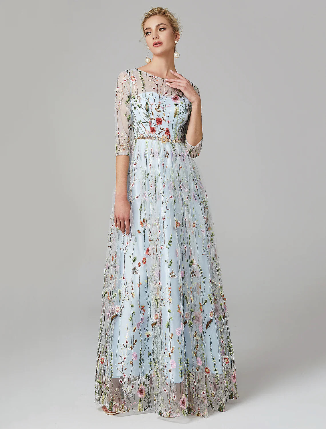 A-Line Evening Gown Elegant Dress Floor Length Sleeve Lace with Embroidery