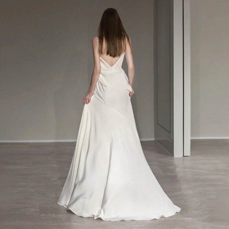 DingJiDress Formal Women's Dresses French Spaghetti Strap V Back Side Fork Simple Long Wedding Dress