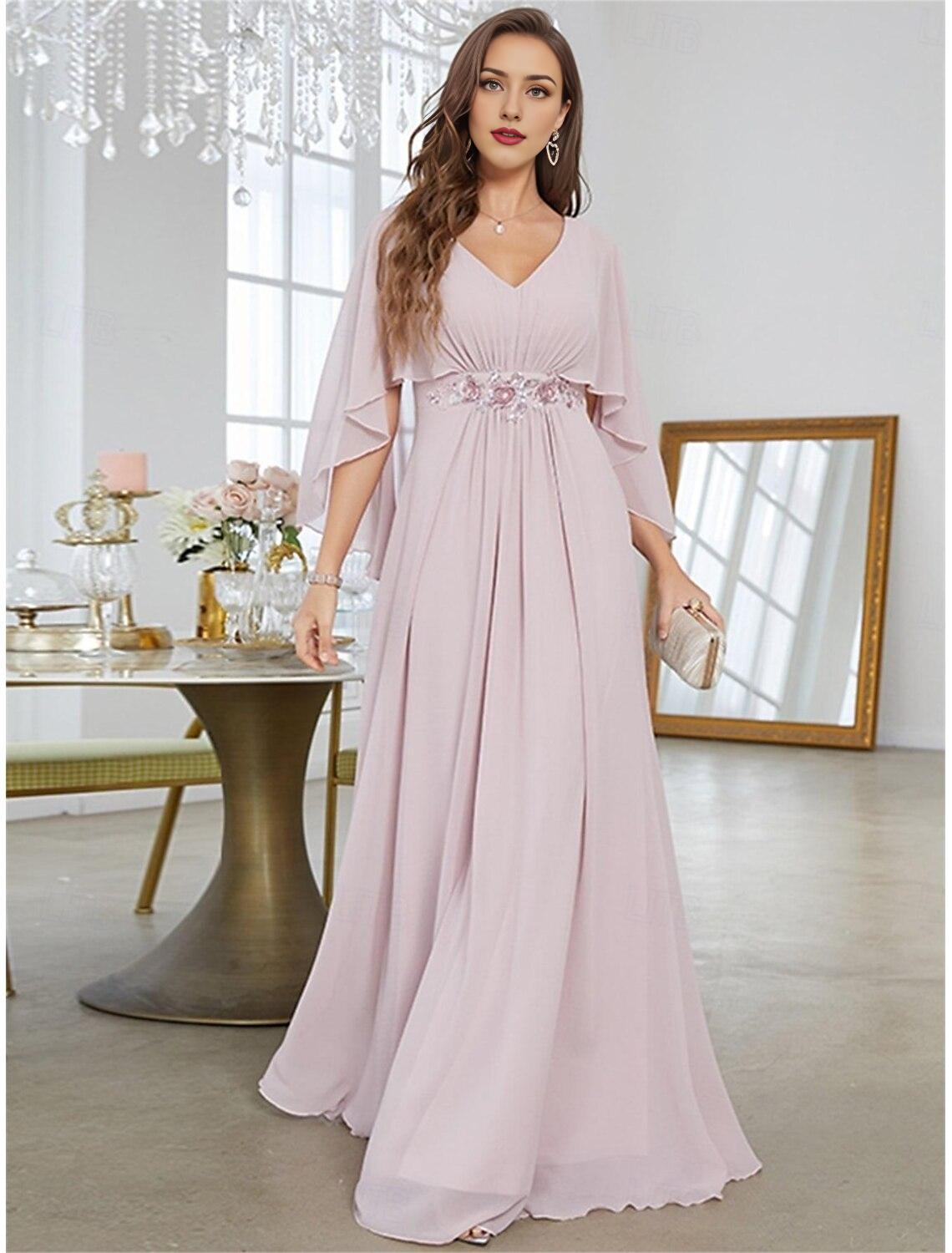 Dress Mother of the Bride Dress Elegant Party V Neck Floor Length Polyester Half Sleeve with Appliques
