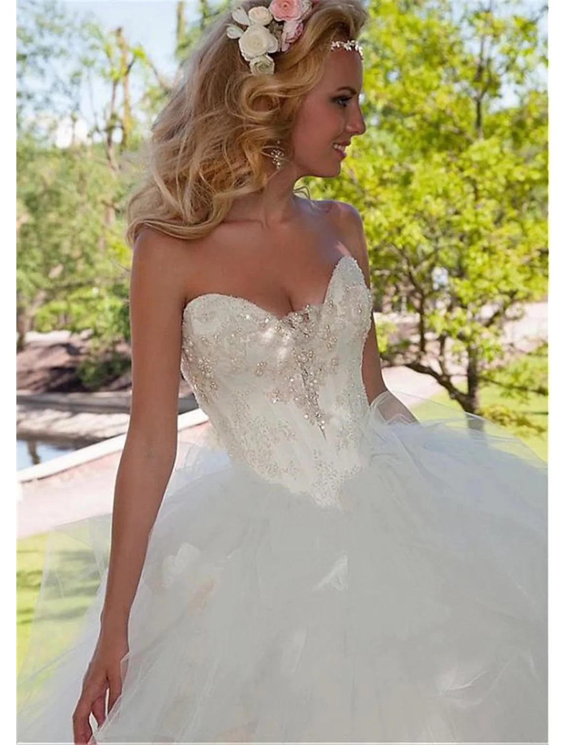 Engagement Open Back Formal Wedding Dresses Floor Length Ball Gown Strapless Tulle With