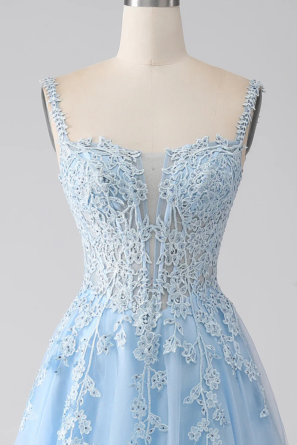 DingJiDress A-Line Light Blue Corset Prom Dress with Appliques