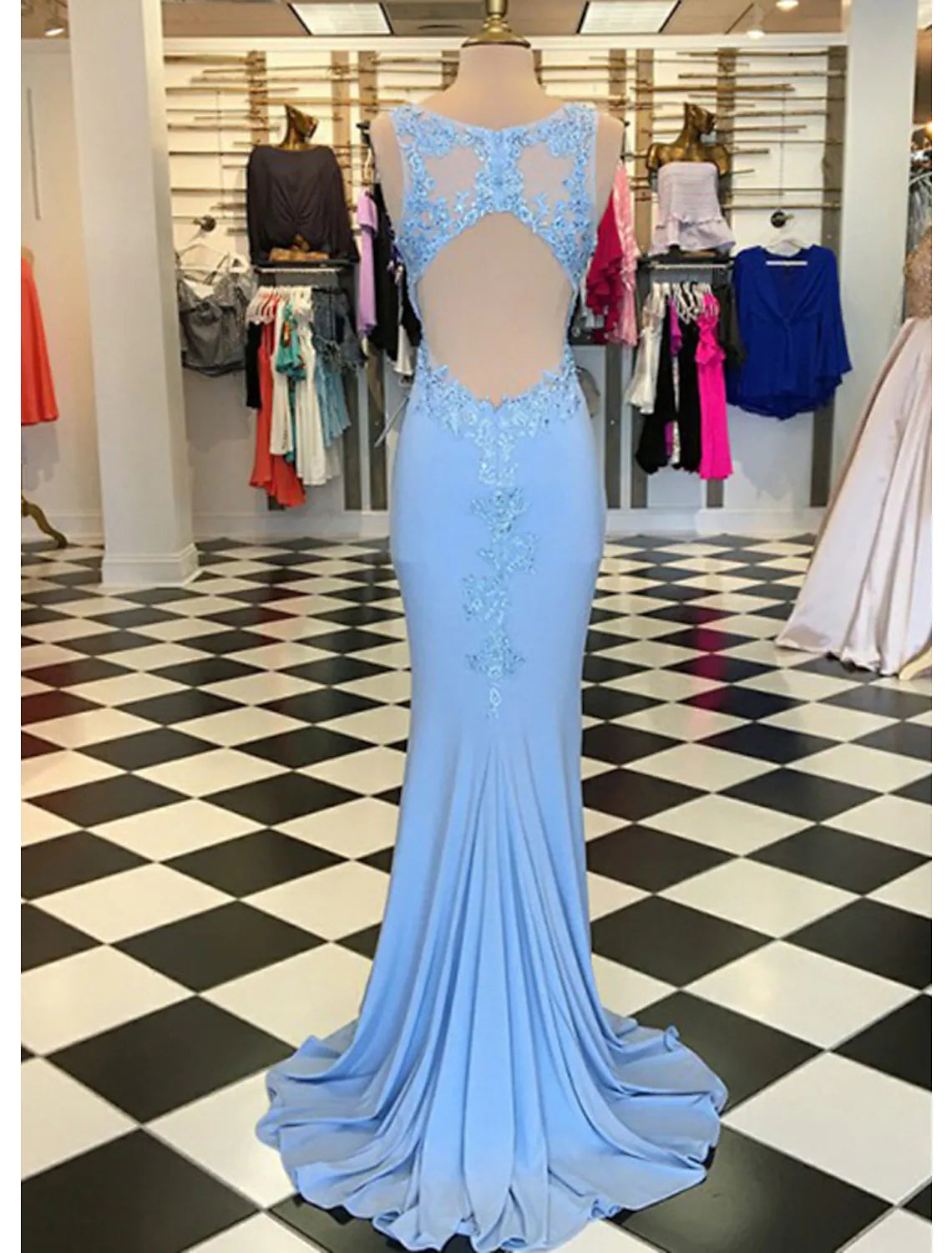 Scalloped Neck Sleeveless Sweep Train Elastic Satin Prom Dress With Appliqu