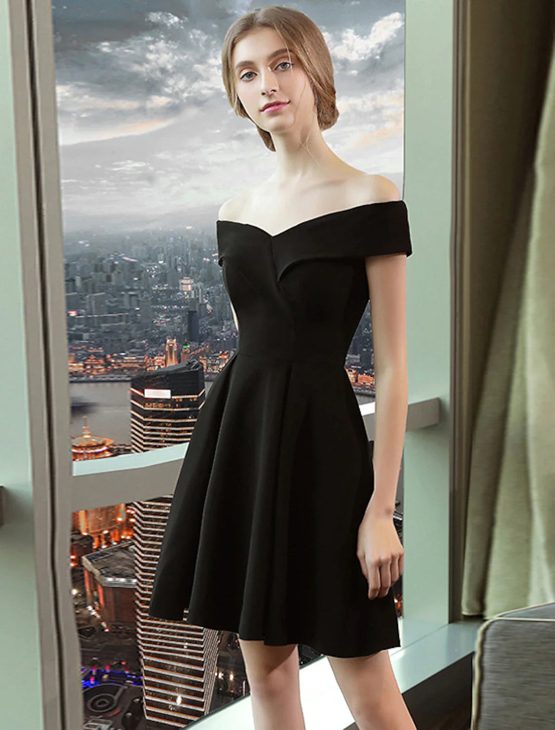 A-Line Cocktail Dresses Vintage Dress Homecoming Graduation Knee Length Short Sleeve Off Shoulder Spandex with Sleek