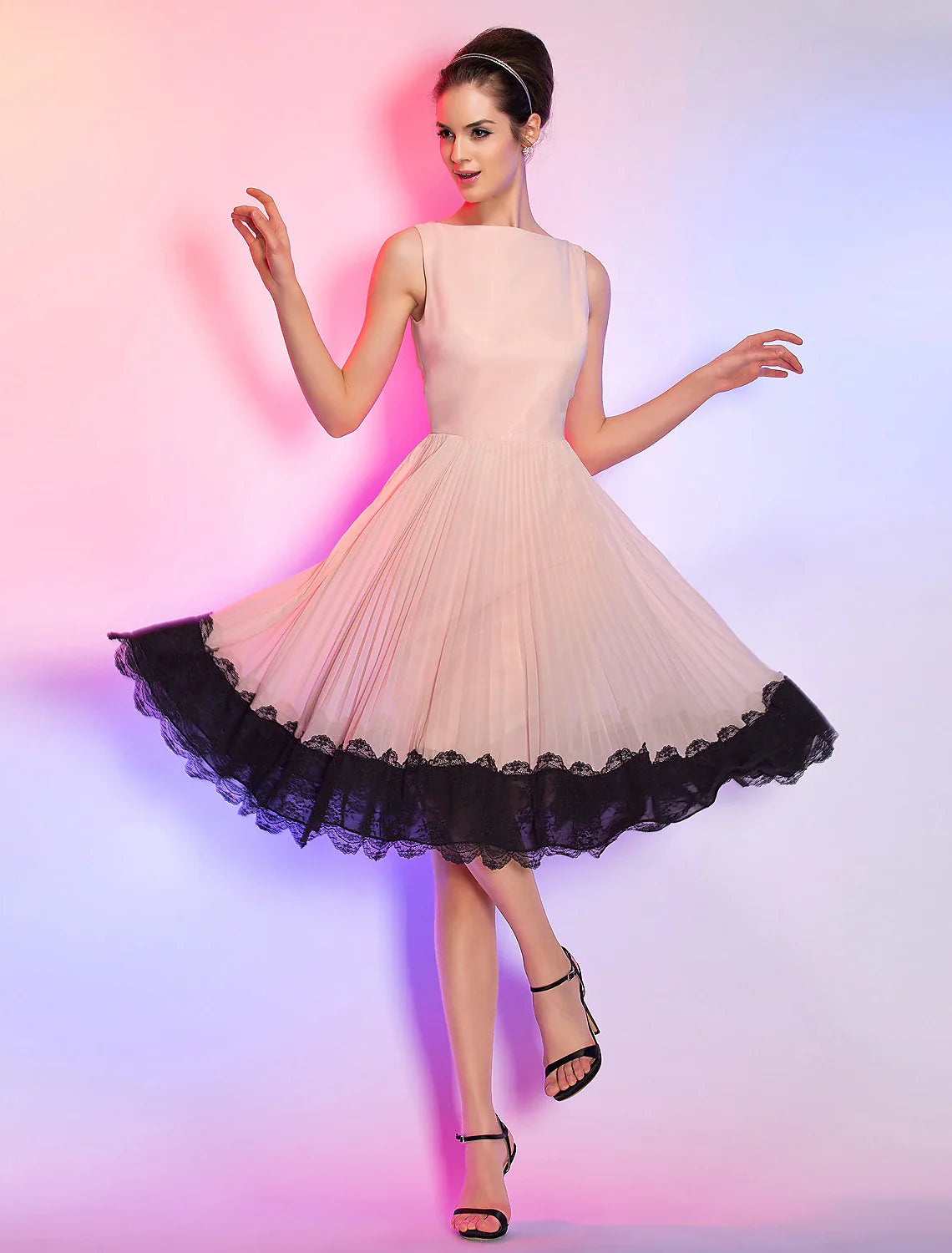 A-Line Cute Dress Homecoming Knee Length Sleeveless Boat Neck Pink Dress Chiffon with Lace