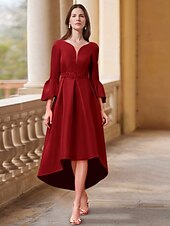 A-Line Dress Mother of the Bride Dress Wedding Guest Elegant V Neck Asymmetrical Tea Length Satin 3/4 Length Sleeve with Pleats Solid Color Derby Dresses