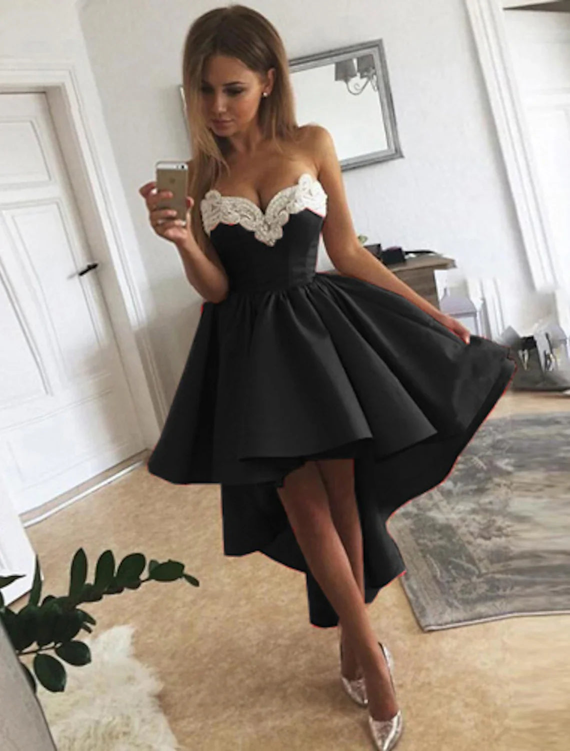 A-Line Cocktail Dresses Minimalist Dress Homecoming Asymmetrical Sleeveless Strapless Satin with Appliques