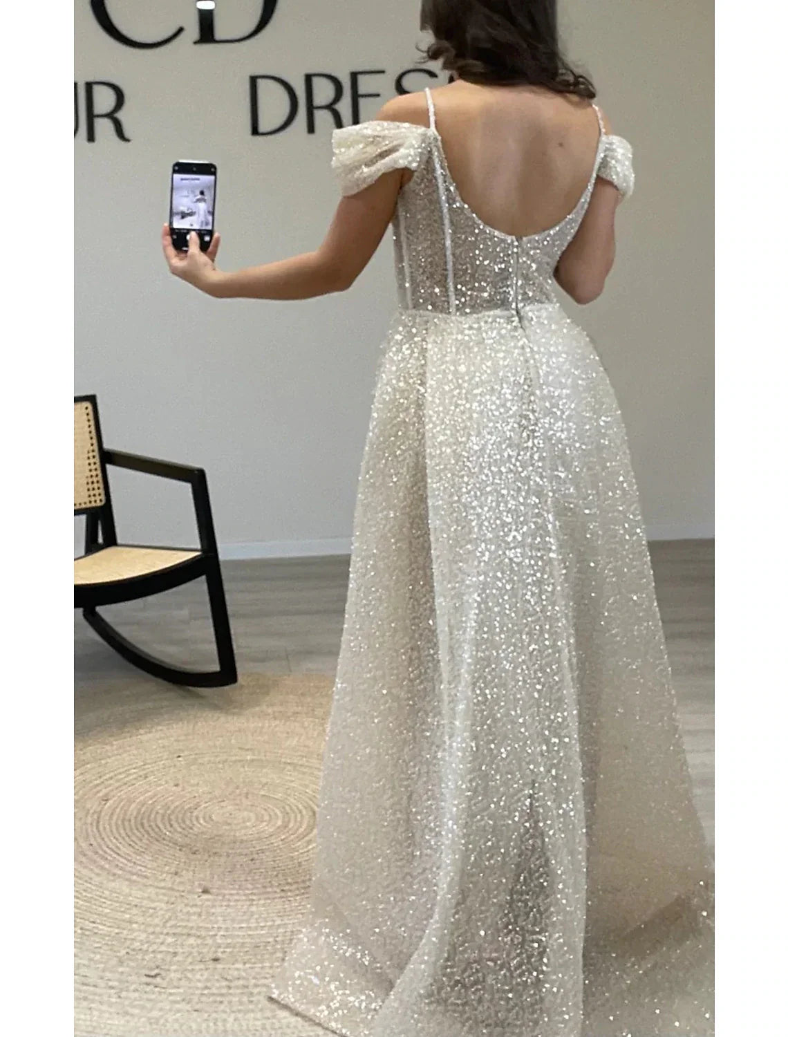 Sheath / Column Prom Dresses Elegant Dress Formal Prom Floor Length Short Sleeve Off Shoulder Sequined with Glitter Ruched