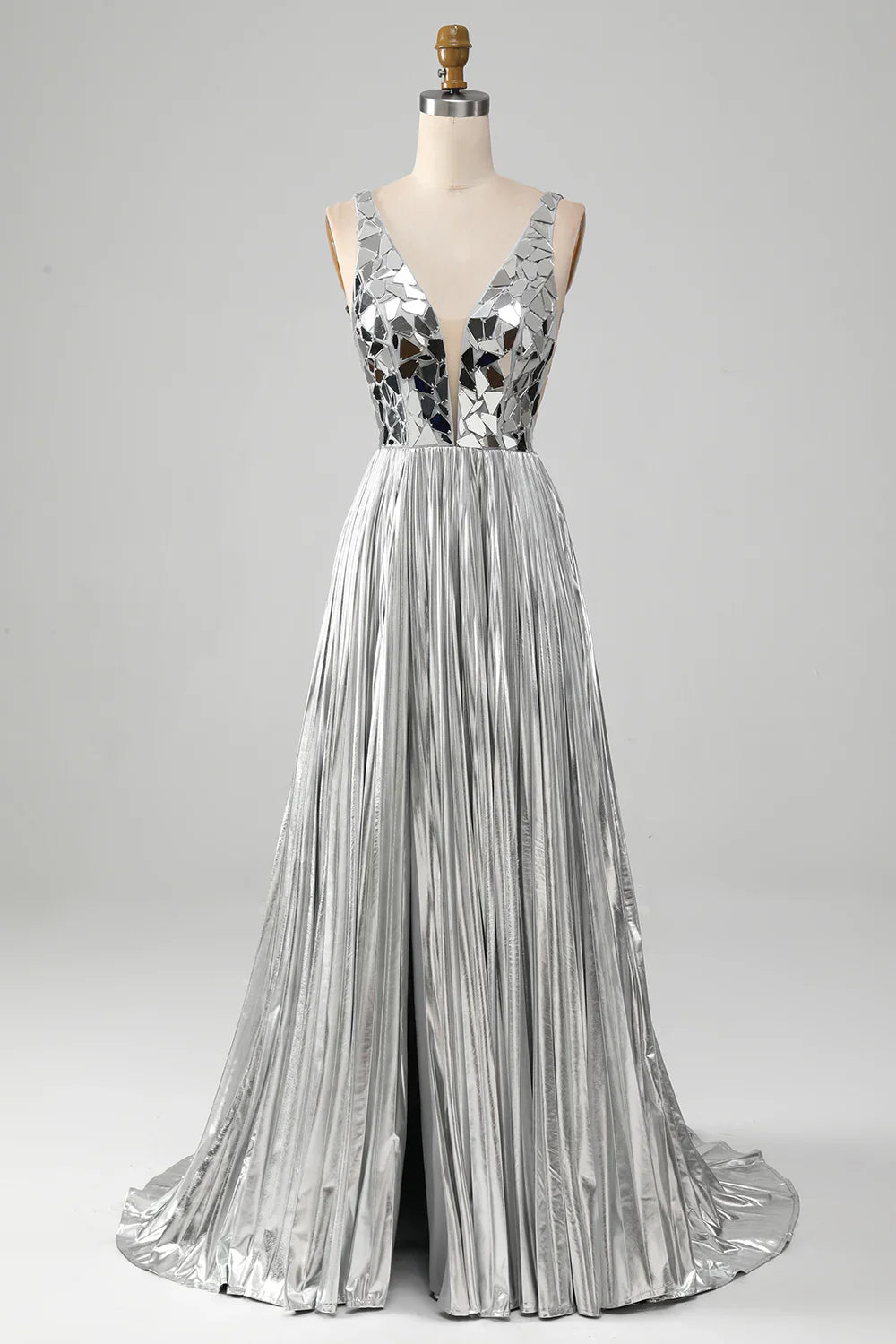 DingJiDress Sparkly A-Line V-Neck Silver Prom Dress with Slit