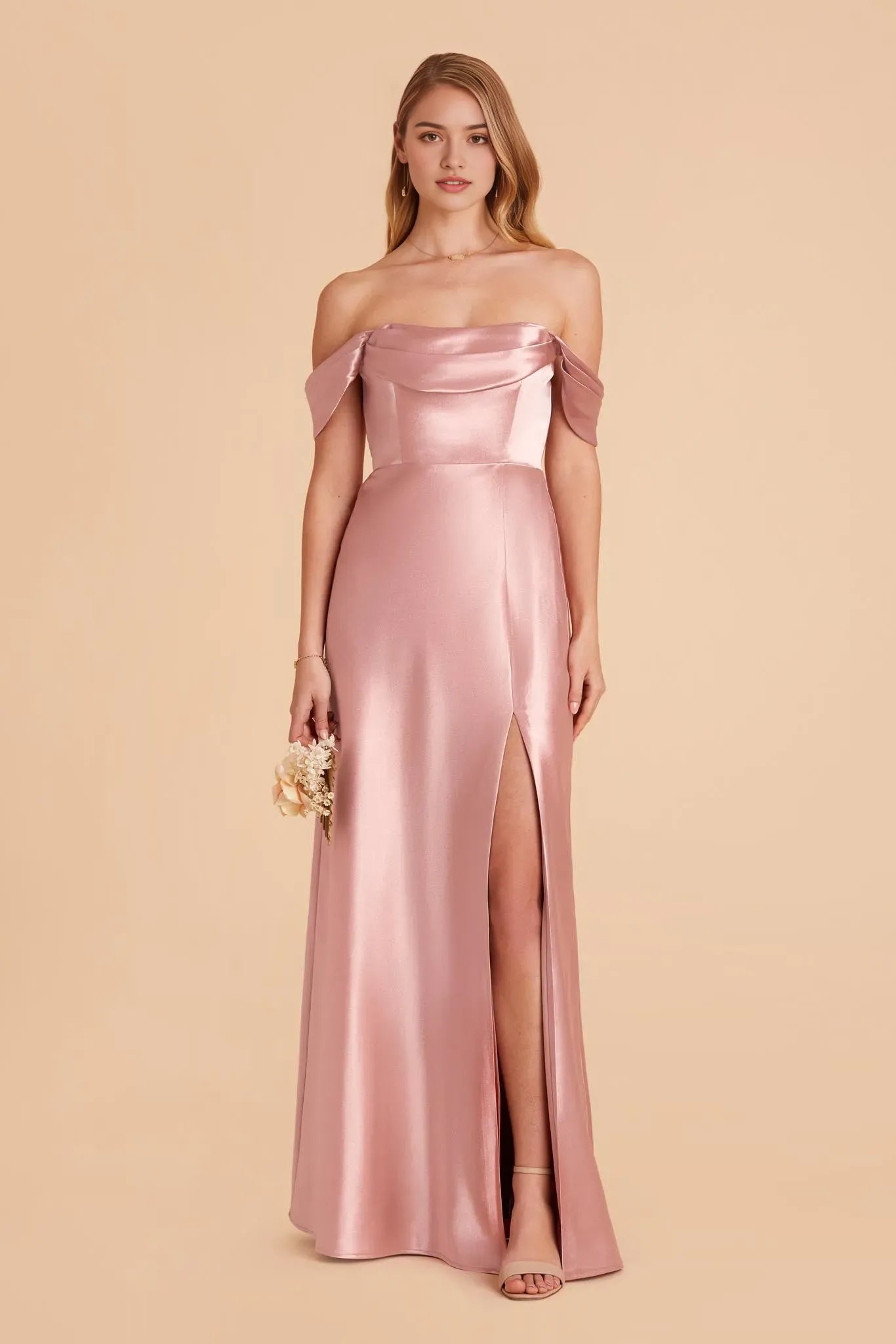 imeless Blush Pink Off Shoulder Satin Prom Dresses Side Slit for Comfort and Style at Formal Occasions