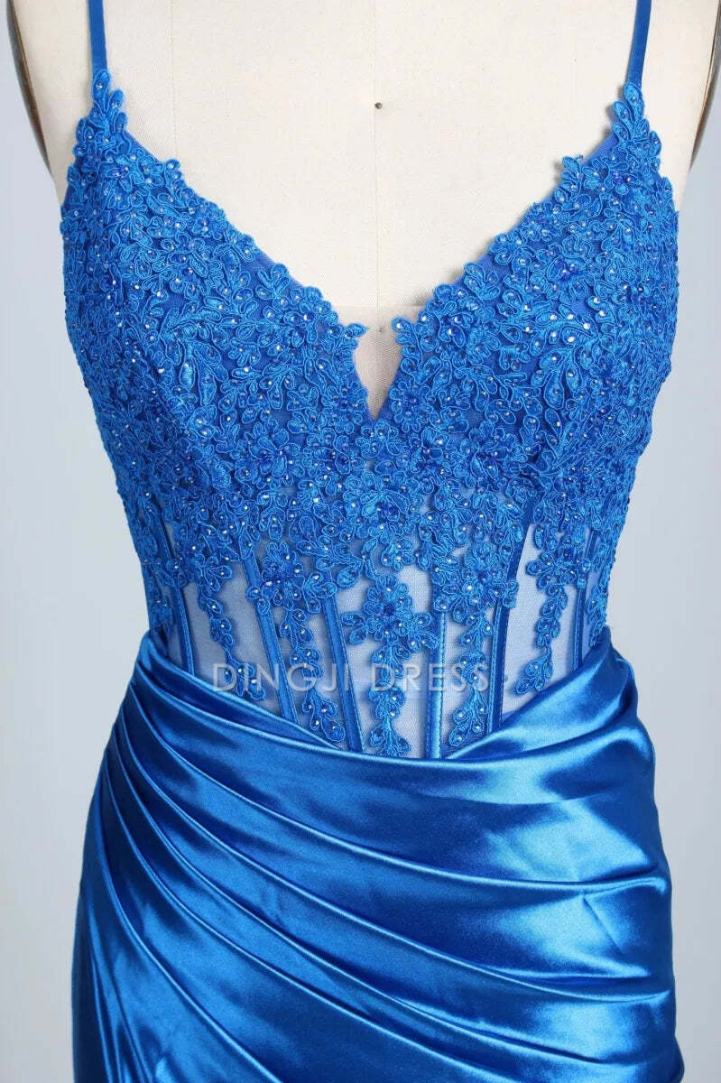 DingJiDress Formal Dress Mermaid Spaghetti Strap Appliques Satin Pleated With Slit Backless Elegant Prom Dress
