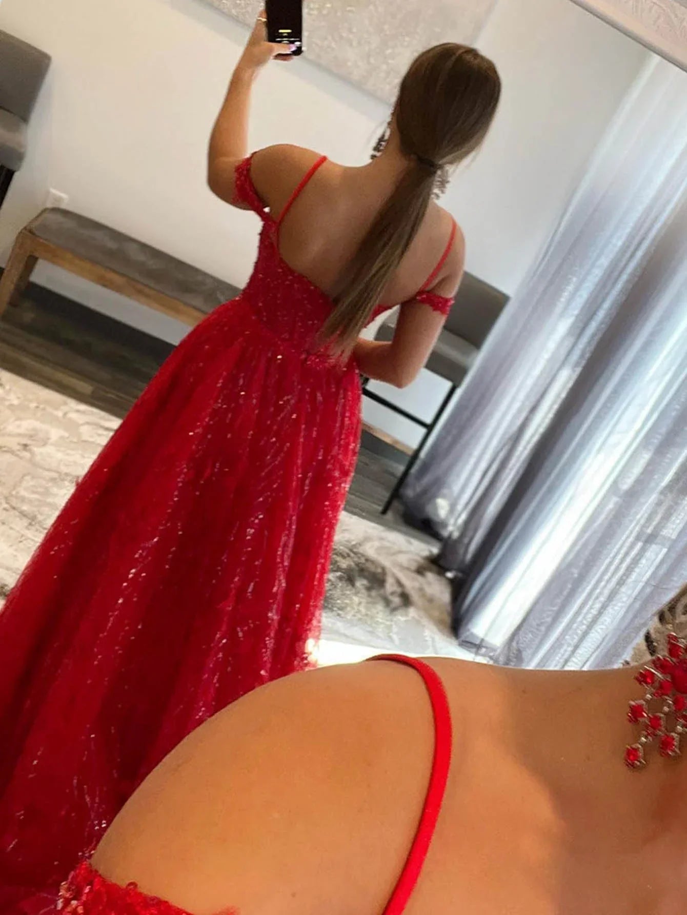 DingJiDress Prom Dresses A Line Off The Shoulder Sequin &amp; Lace&nbsp; Train&nbsp; With Slit