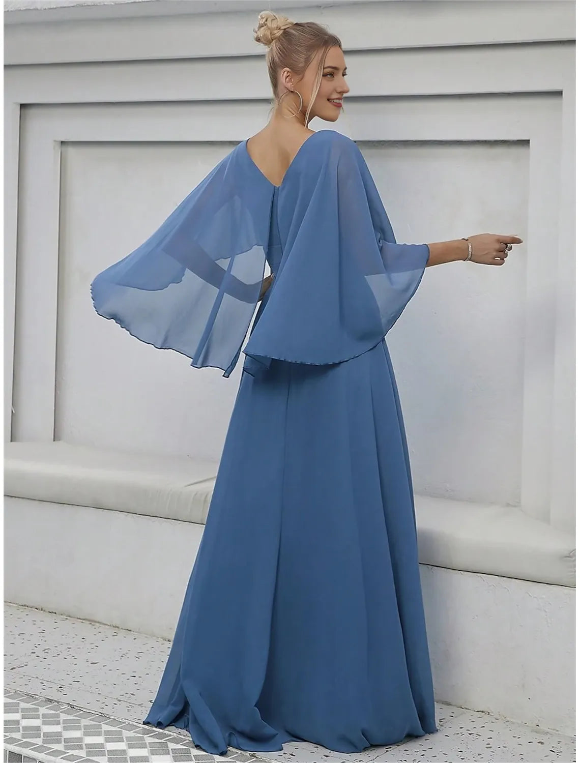 Dress Mother of the Bride Dress Elegant Party V Neck Floor Length Polyester Half Sleeve with Appliques