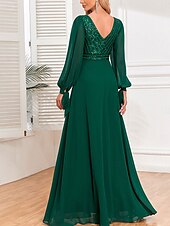 Dress Mother of the Bride Dress Elegant V Neck Floor Length Chiffon Long Sleeve with Sequin