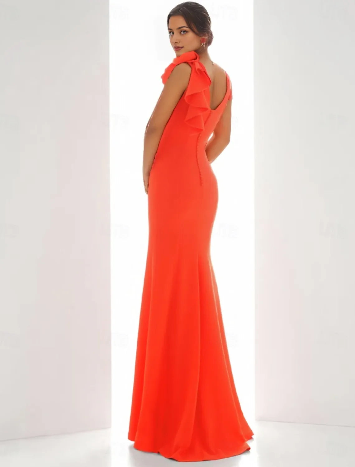 Column Evening Gown Elegant Dress Formal Wedding Guest Floor Length Sleeveless Crew Neck Stretch Crepe with Ruffles Slit Shouder Flower